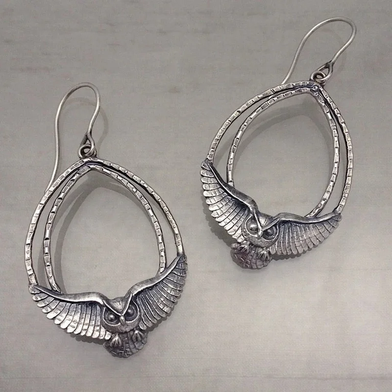 Vintage Metal Hand Engraved Owl Women's Hook Drop Earrings