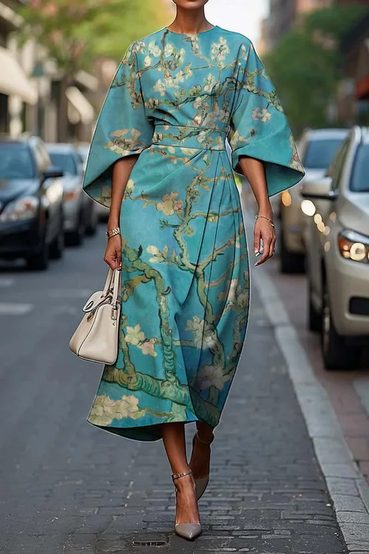 Women's Elegant Floral Art Print Midi Dress