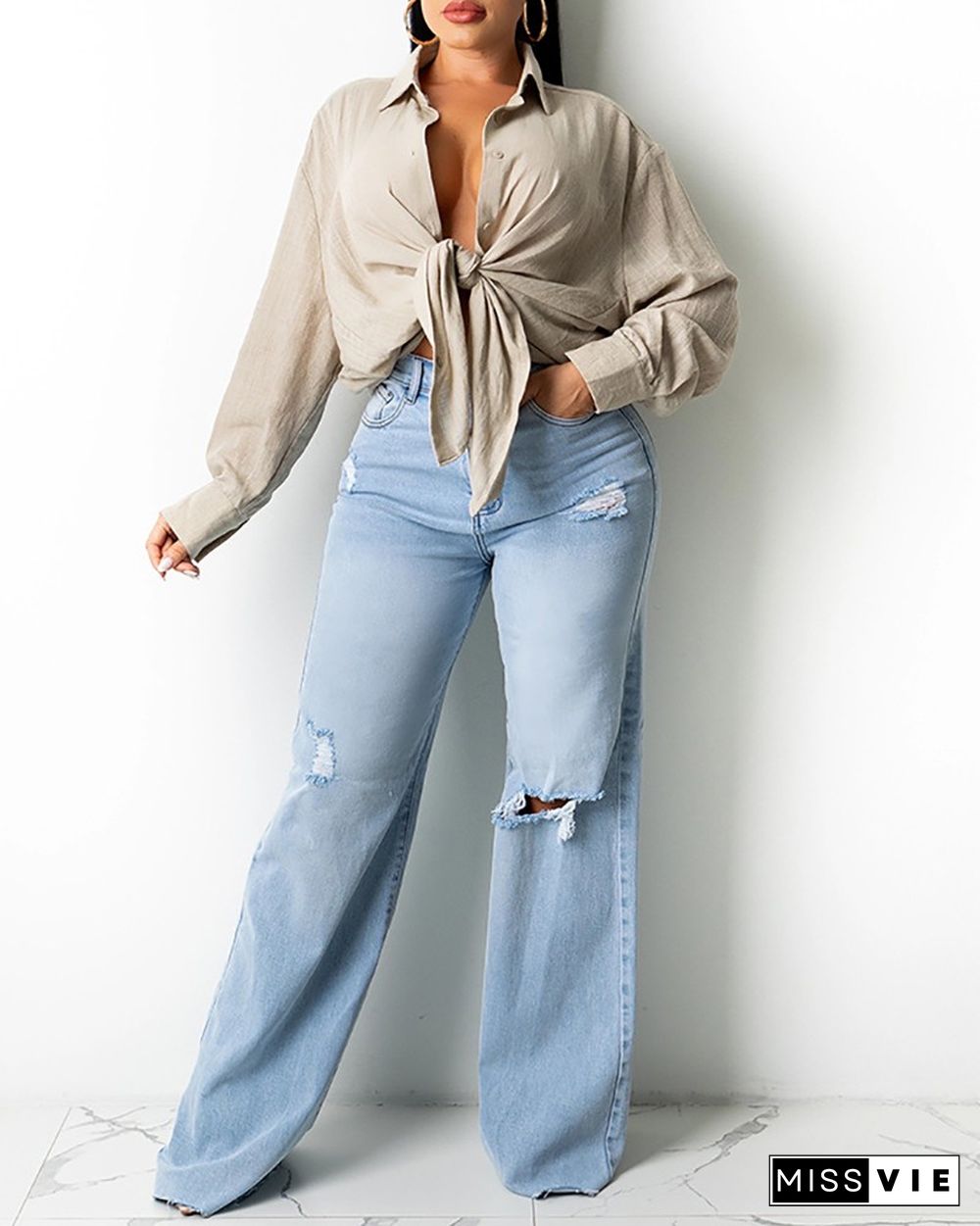 Button Design Lantern Sleeve Shirt