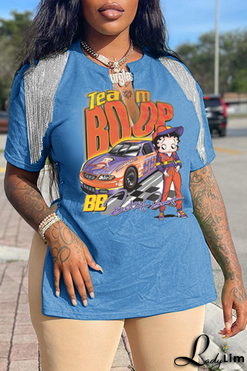 Purple Fashion Print Tassel V Neck T-Shirts