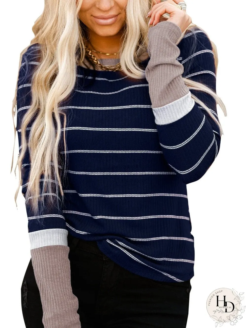 Blue Striped Rib Knit Pullover with Color Block Cuffs