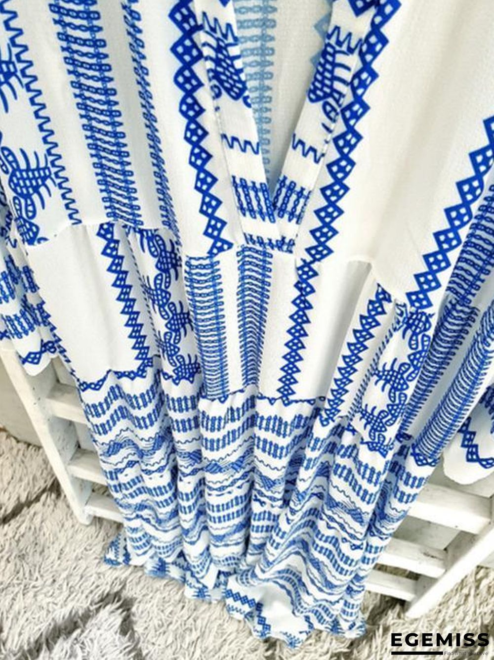 Blue Boho Printed V-Neck 3/4 Sleeve Loose Maxi Dress | EGEMISS