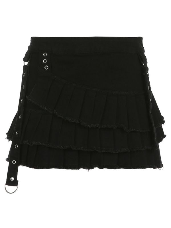 Gothic Dark Pleated A-line Tiered Irregular Paneled Skirt