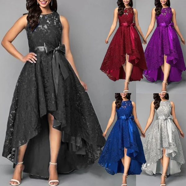 Women Floral Lace Maxi Evening Dress Elegant Sleeveless High Waist Belted Irregular Swing Prom Party Dress Plus Size XS-5XL