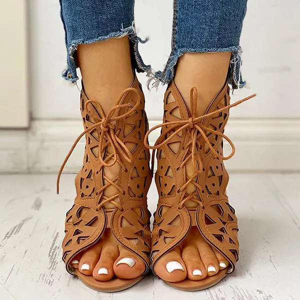 Hollow Out Lace-Up Pu Wedge Sandals