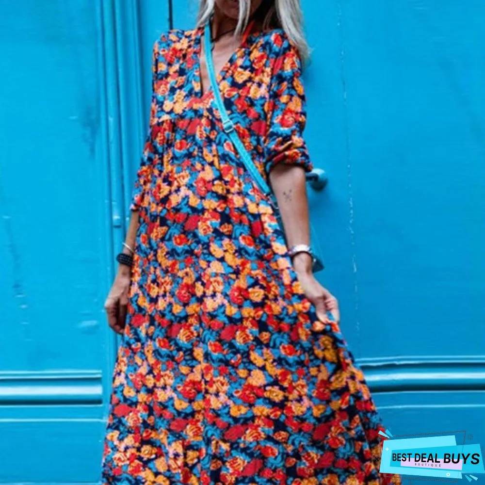 Women's New Floral V-Neck Elegant Long-Sleeved Dress In Early Autumn