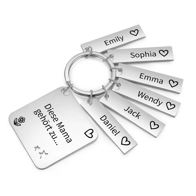 Personalisierte 6 Namen & Text Familie Quadrat Schlüsselanhänger
