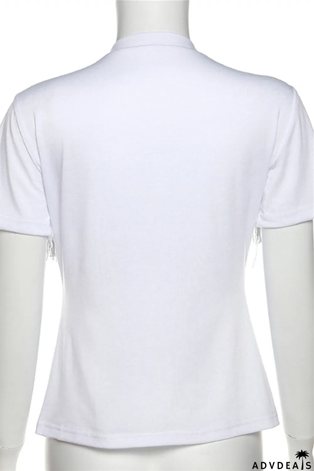 White Fashion Casual Print Tassel Patchwork V Neck T-Shirts