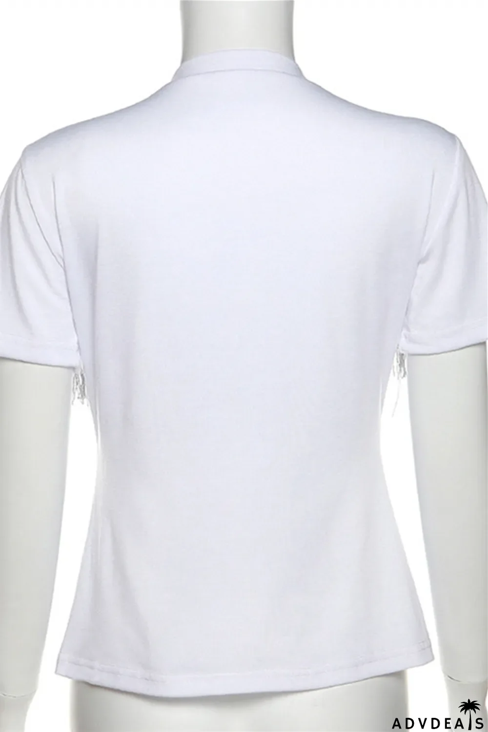 White Fashion Casual Print Tassel Patchwork V Neck T-Shirts
