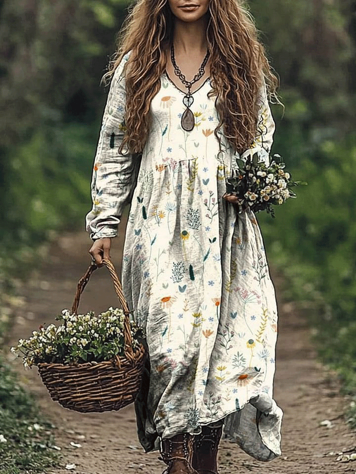 Women's Lovely Floral Art Print Pocket Cotton Dress