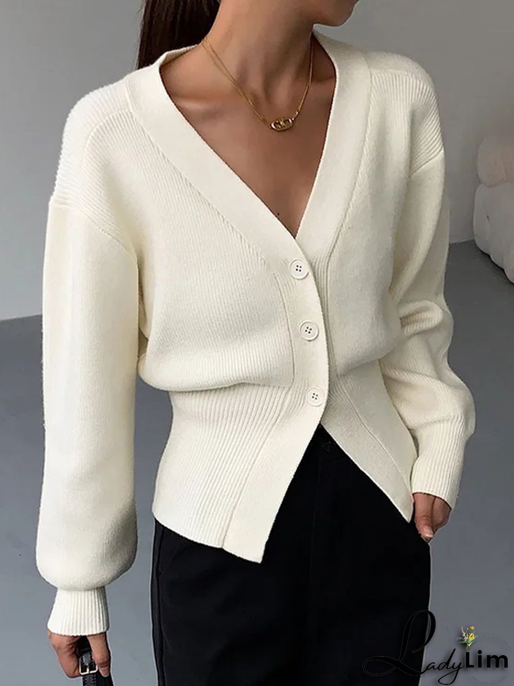 Solid V Neck Slit Knit Cardigan