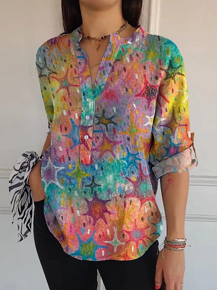 Oil Pastel Star Pattern Printed Women's  Print Casual Long Sleeve Comfortable Cotton Shirt