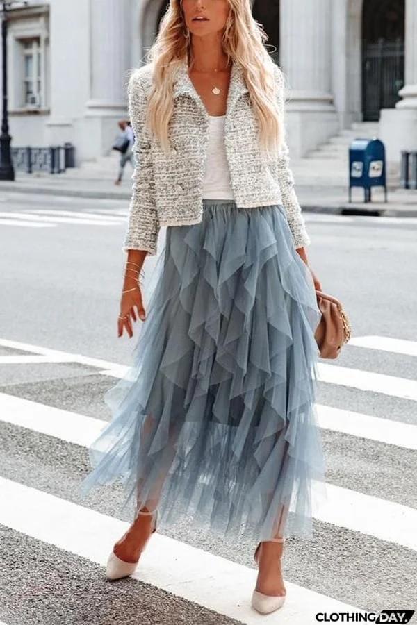 Allegro Ruffle Tulle Midi Skirt Grey Blue