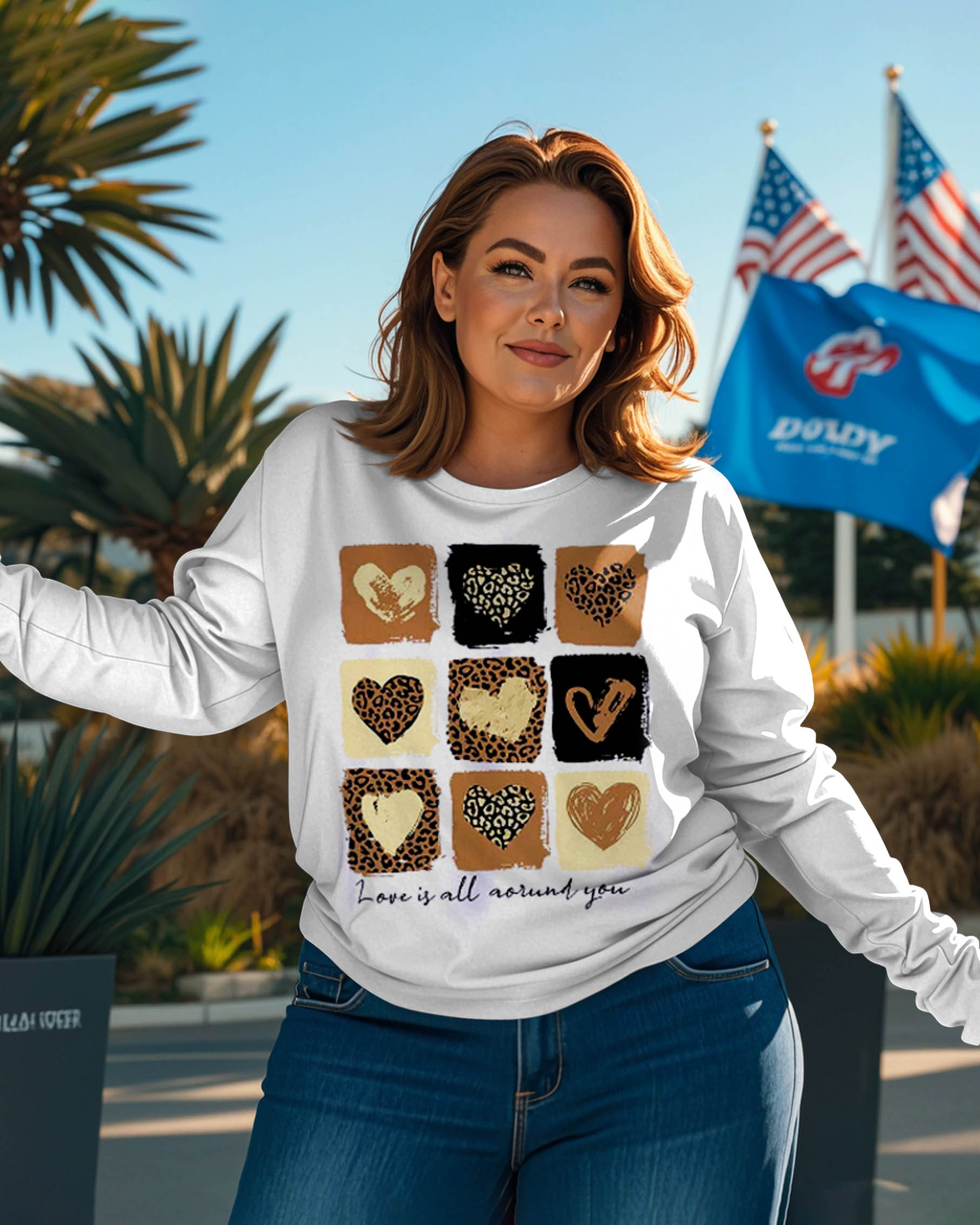 Women's Plus Size Leopard Love White Round Neck Long Sleeve T-shirt