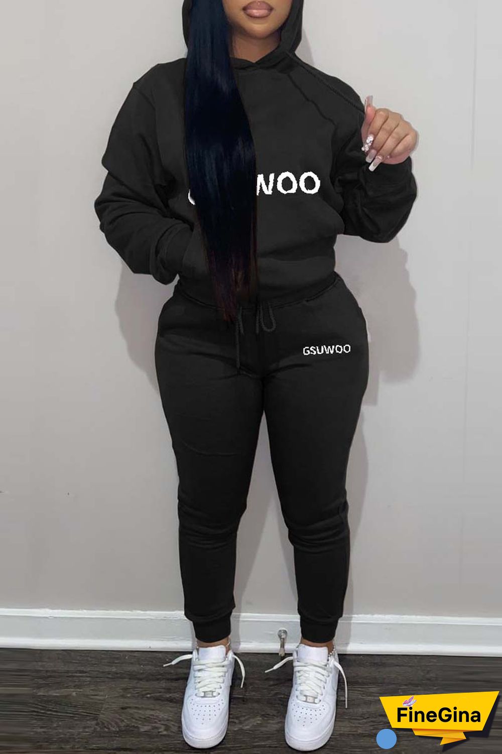 Khaki Casual Letter Print Basic Hooded Collar Long Sleeve Two Pieces