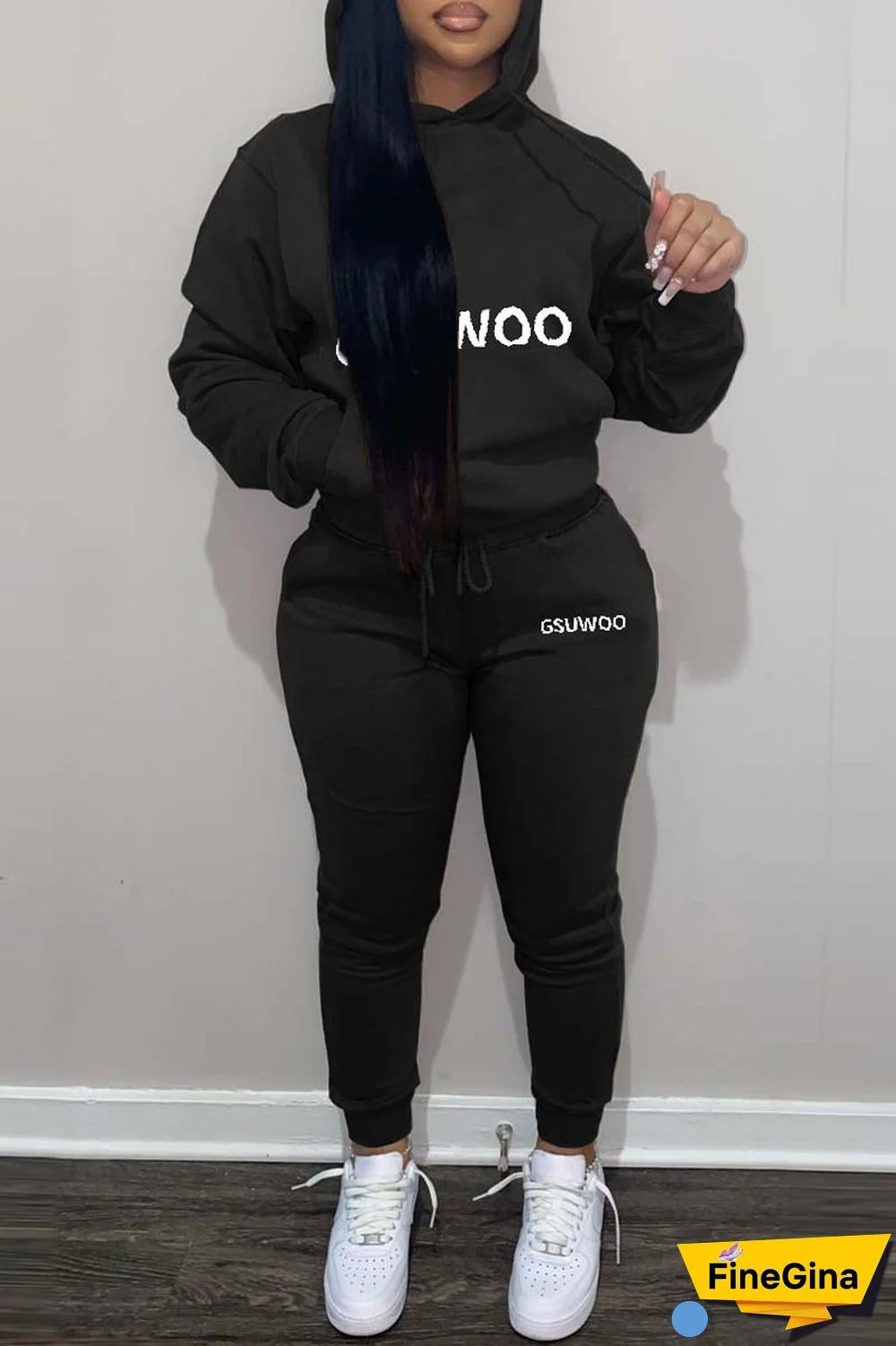 Khaki Casual Letter Print Basic Hooded Collar Long Sleeve Two Pieces