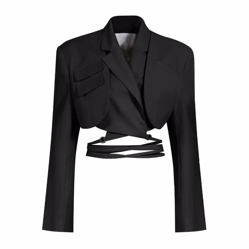 Double Layer Lace Up Coat Blazer Slim Women Gray Long Sleeve Pocket Short Jacket Suit Collar Female Outwear Clothes 2023