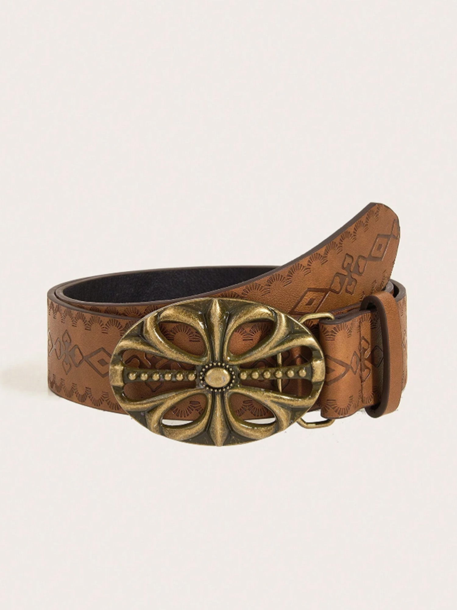 Western Accessory &mdash; Tan Embossed Leather Floral Buckle Belt