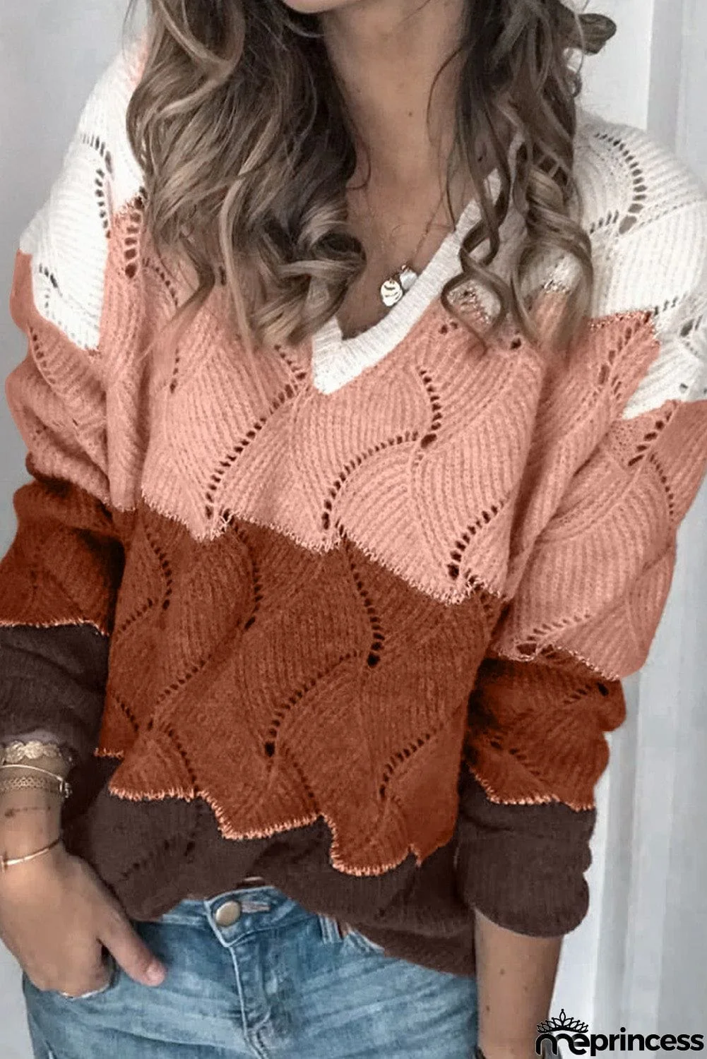 V Neck Colorblock Textured Knit Sweater