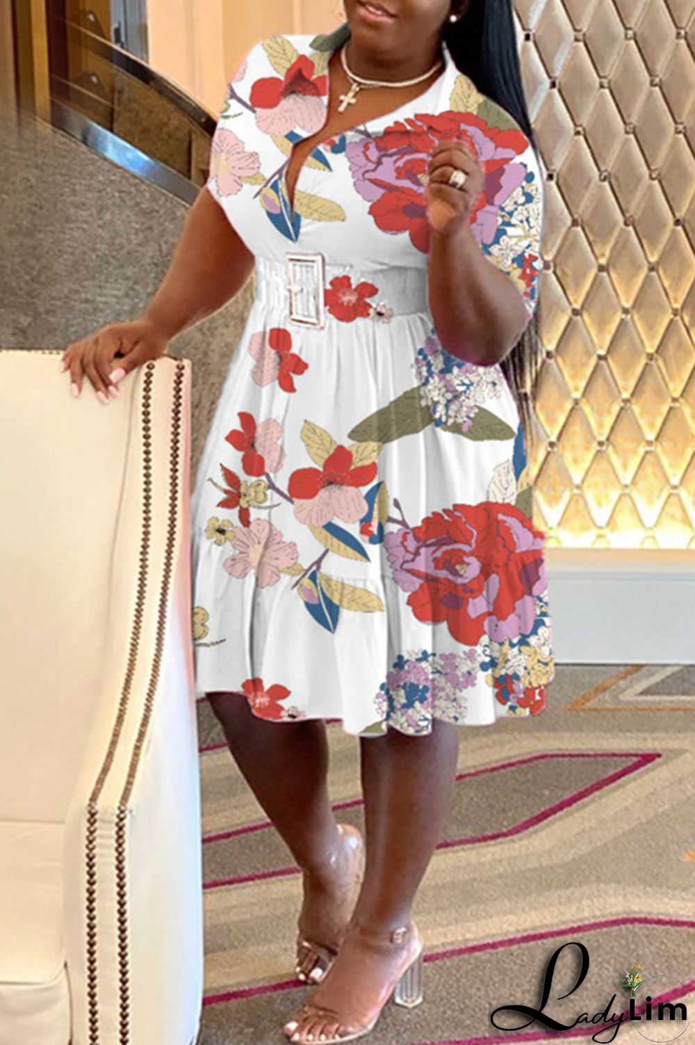 Purple Casual Print Patchwork Fold Turndown Collar A Line Plus Size Dresses