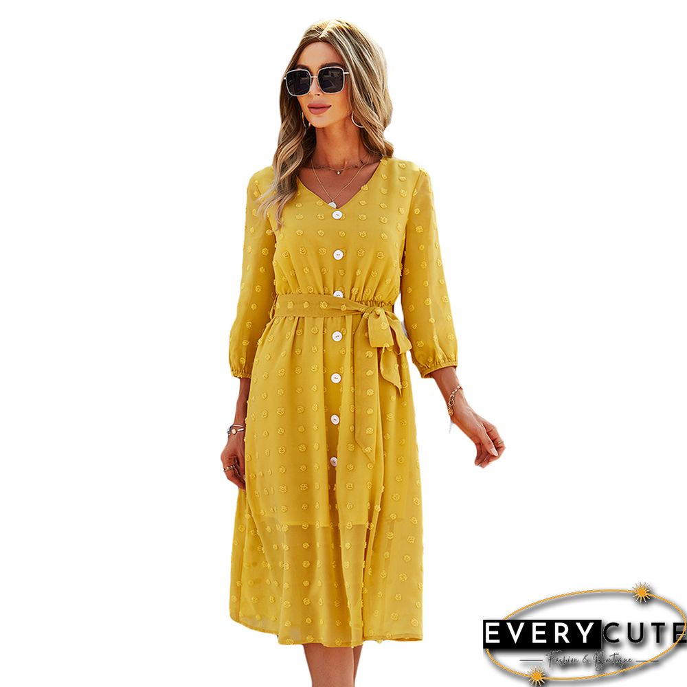 Yellow 1/2 Sleeve Button Down V Neck Casual Dress