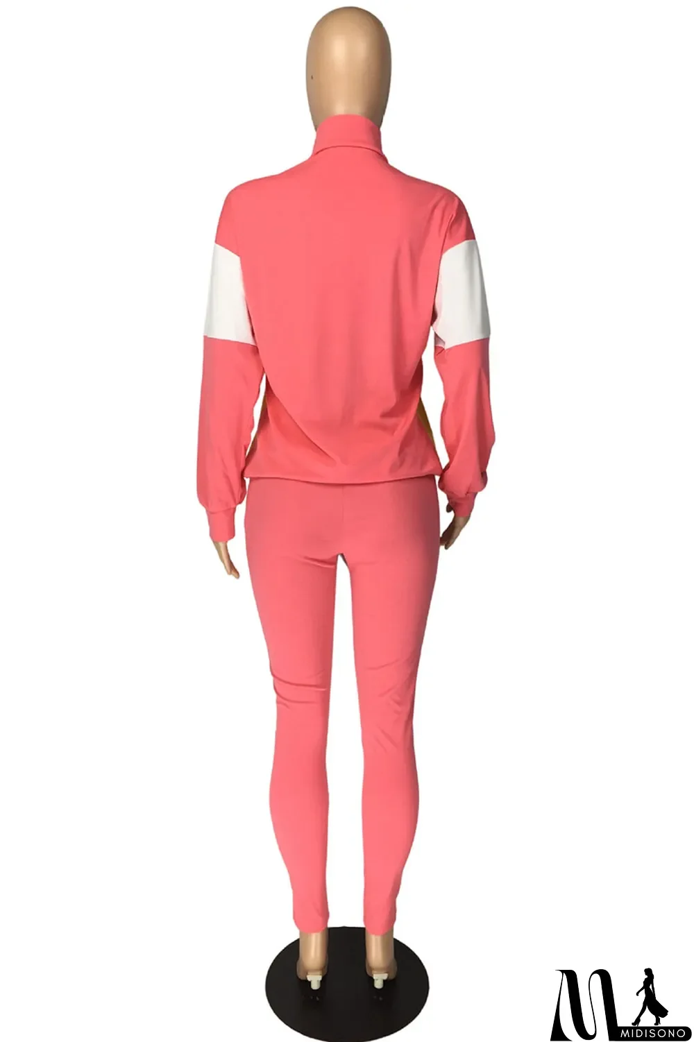 MidiSono - Fluorescent green Casual Striped Print Zippered Split Joint Mandarin Collar Long Sleeve Two Pieces