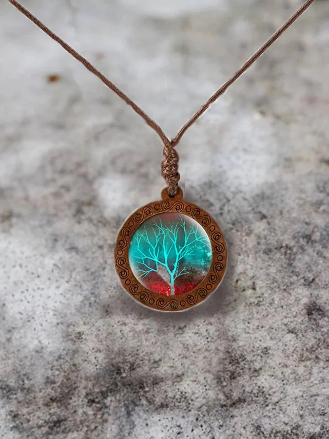 Wood Tree of Life Time Gemstone Glass Pendant Necklace socialshop