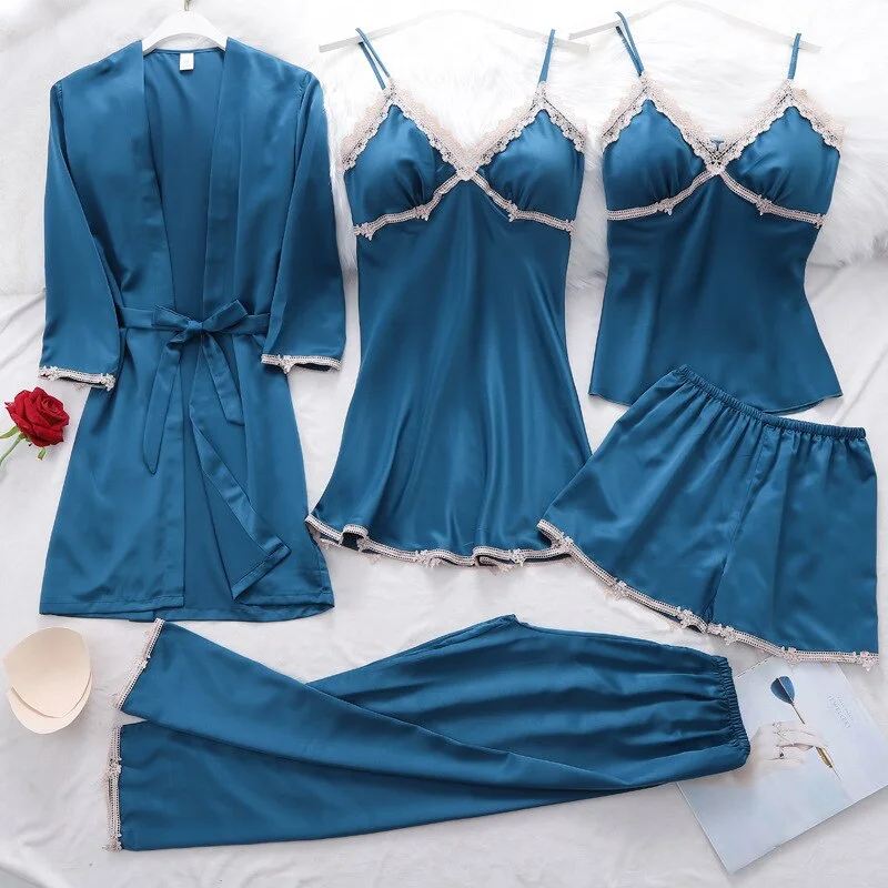 5PCS Pajamas Set Spring Summer Female Kimono Bath Robe Gown Sleepwear  Lace Trim Nightgown Lingerie Loose Satin Home Wear