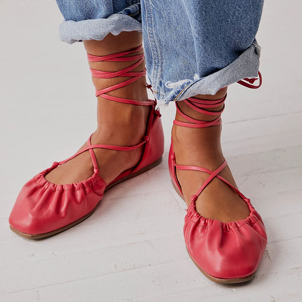 Red Violet Round Toe Side Cut-Out Lace Up Ballet Flats Nicepairs