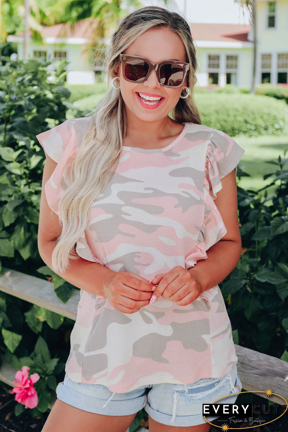 White Camo Print Ruffle Trim Tank Top