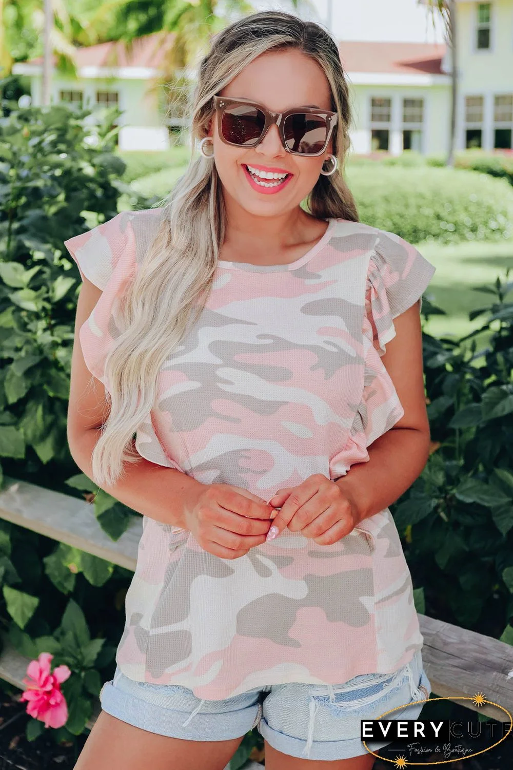 White Camo Print Ruffle Trim Tank Top