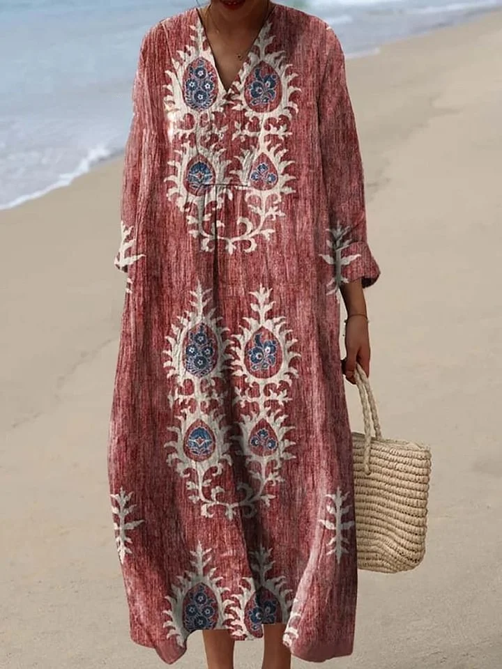 Women's Vintage Ethnic Floral Art Print Cotton Dress