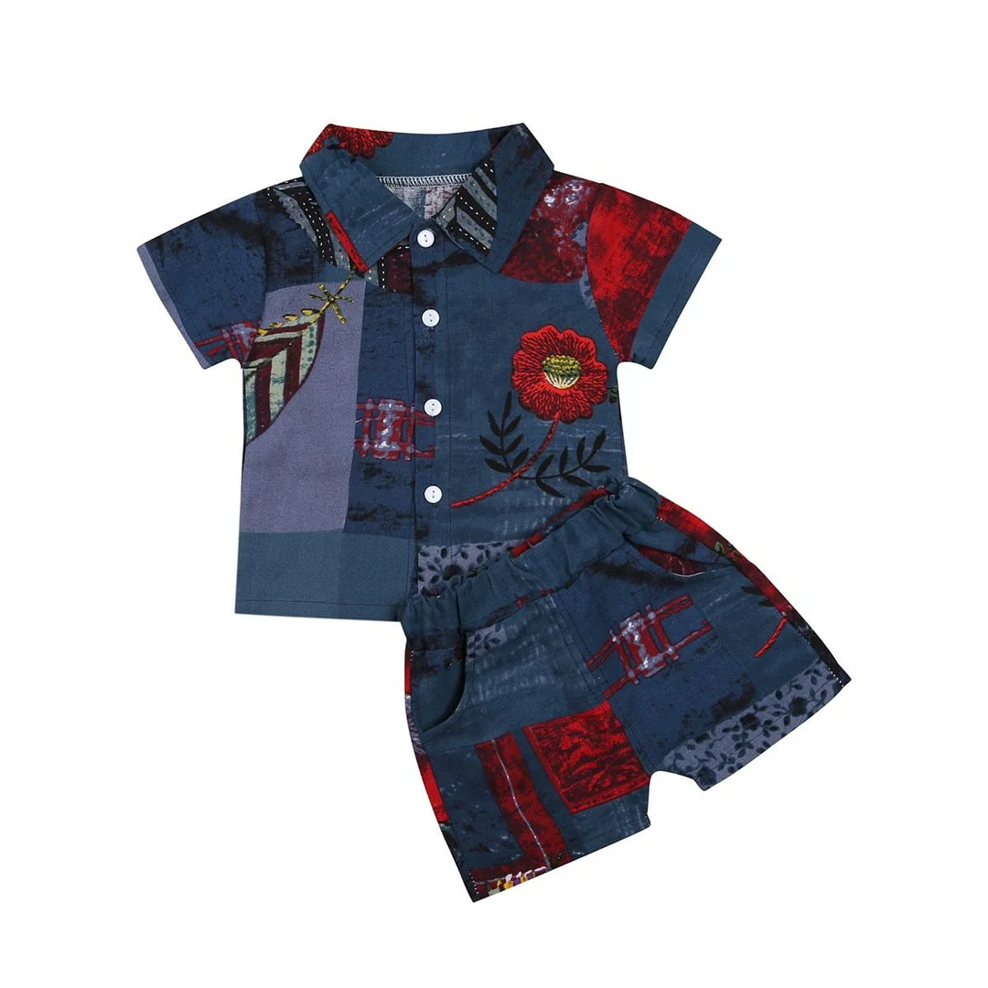 2021 Baby Summer Clothing Baby Boys Patchwork Clothes Beach Short Sleeve Suit + Shirt + Shorts, Chic Print Elastic Waist Coloful