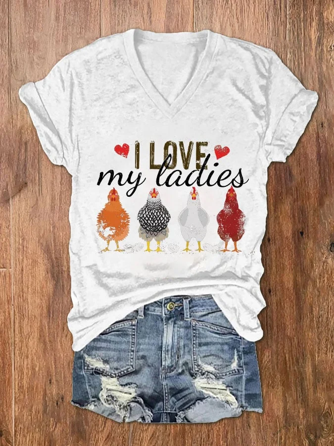 Women's I Love My Ladies Funny Chicken Print V-Neck T-Shirt