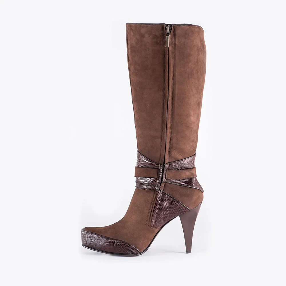 Women's Brown Zip Platform Cone Heel Closed Toe Knee-High Boots