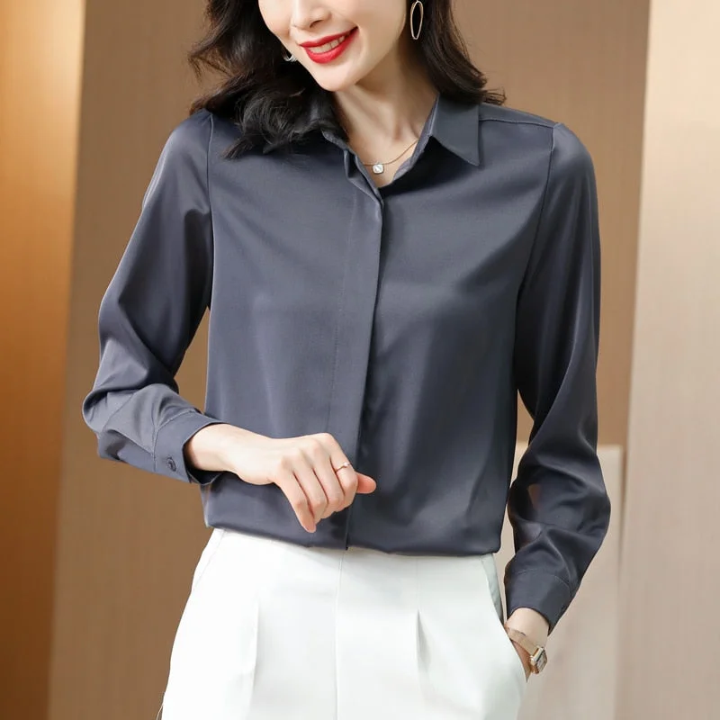 Plus Size Satin Blouse 2021 New Spring Silk Shirt Women Turn Down Collar Loose Office Lady Blouse Long Sleeve Clothes Tops 12793