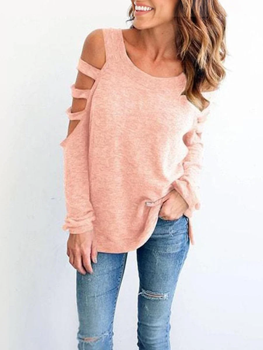 Round Neck Hollow Out Long Sleeves T-Shirts