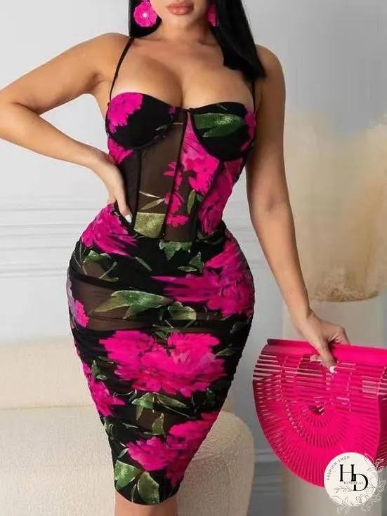 Dresses Suspenders Mesh Print Bodycon Dresses for Women