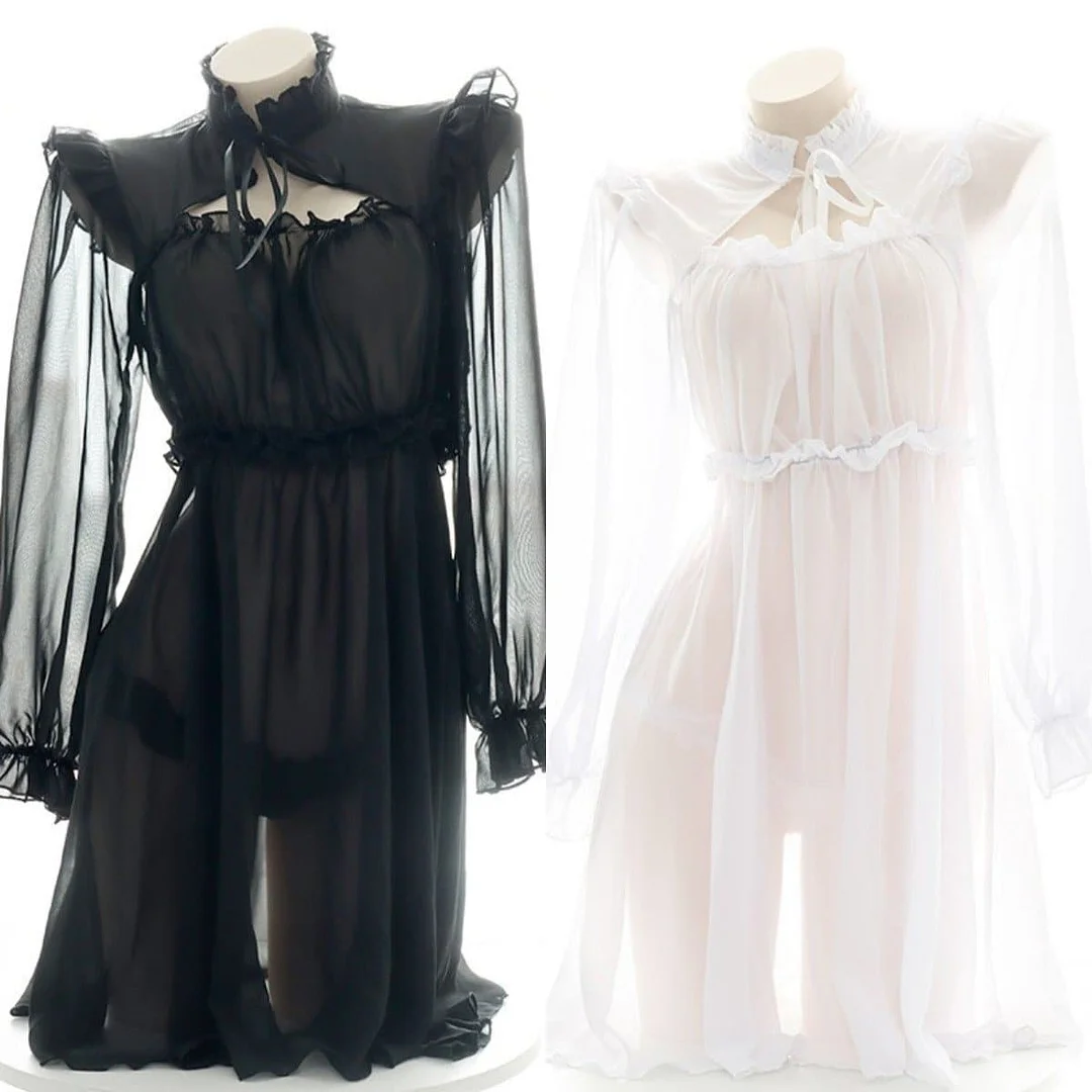 White/Black Chiffon Lovely Sweet Perfect Nightdress Set SS1975