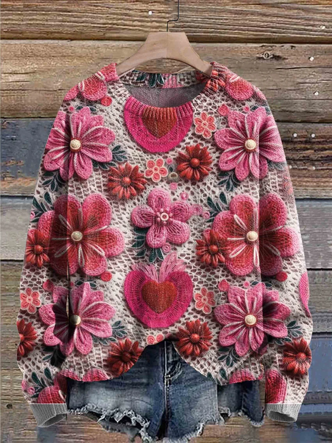 Valentine's Day Hot Pink And Red Embroidered And Crochet Floral Seamless Repeat Pattern Crew Neck Printed Sweater