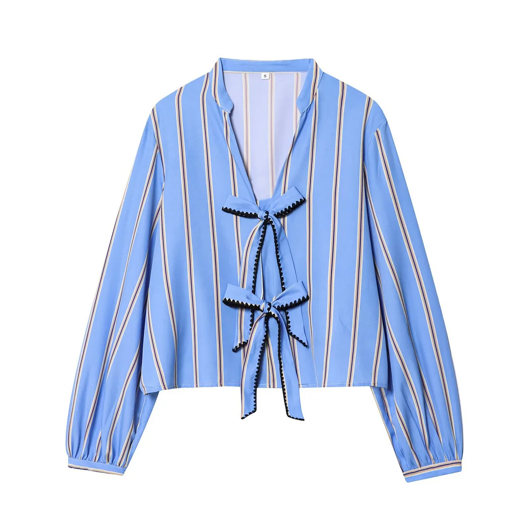 Nigikala Nigikala New Fashion Temperament Bow Striped House Silk Lining Long-Sleeved Shirt 1971160