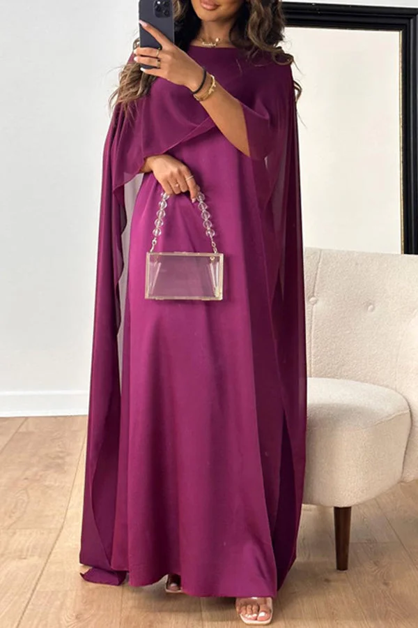 Elegant Solid Color Chiffon Cape Shift Maxi Dress