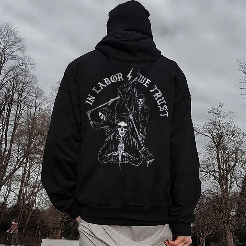 UPRANDY In Labor We Trust Skull Printed Men's Hoodie -  UPRANDY