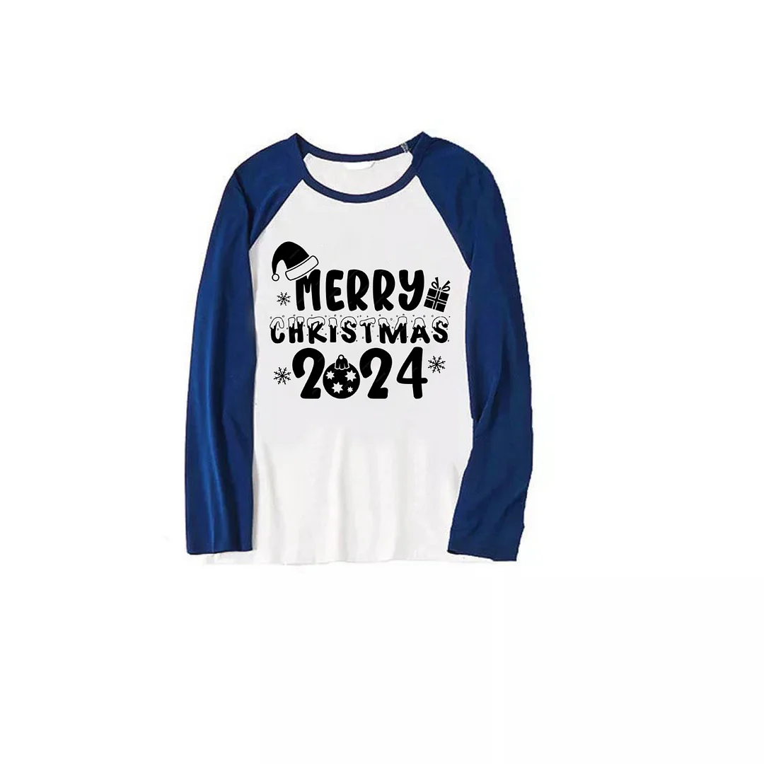 "Family Christmas 2024" Text Print Blue & Black Plaid Long Sleeve Christmas Family Matching Pajamas