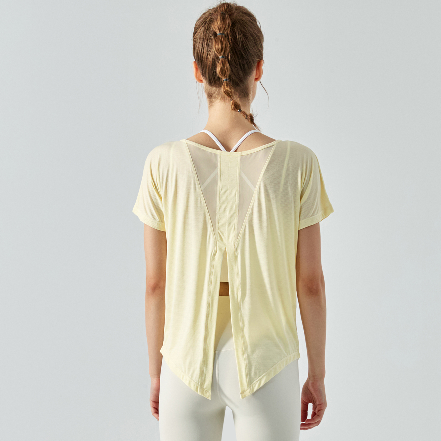 Buy see through sports t-shirt hollow out split back round neck short sleeve quick-dry shirts running fitness yoga loose tops of high quality on Hergymclothing Buttery Yellow