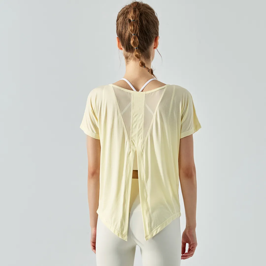 Buy see through sports t-shirt hollow out split back round neck short sleeve quick-dry shirts running fitness yoga loose tops of high quality on Hergymclothing Buttery Yellow