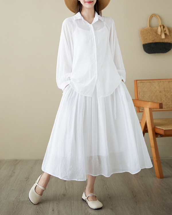 Long Sleeve Lapel Loose Shirt & Maxi Skirt Set