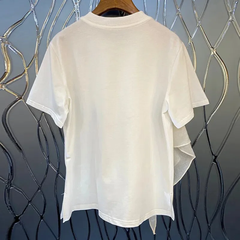 Oocharger Patchwork Ruffle White Tops For Women O Neck Short Sleeve Casual T Shirt Female Fashion New Clothing 2023 Summer