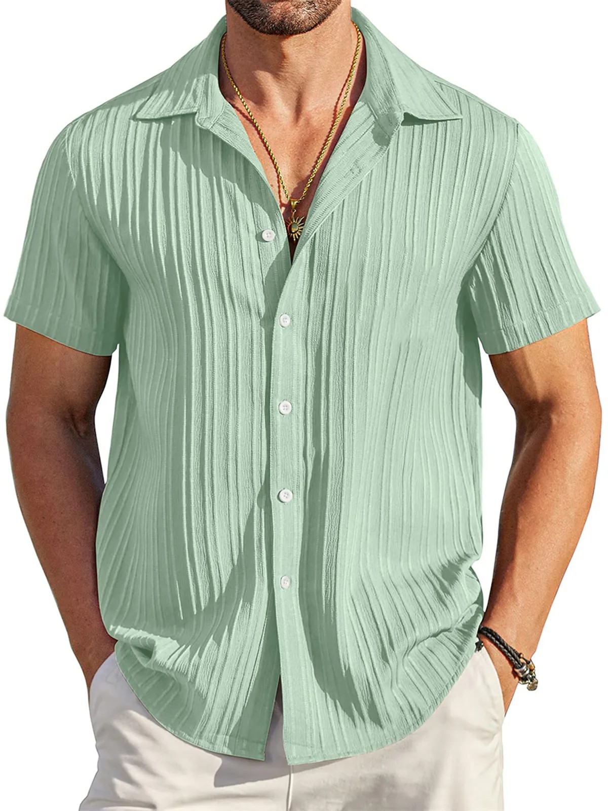 Men's Casual Comfortable Loose Textured Short Sleeve Shirt PLUSCLOTHESMAN