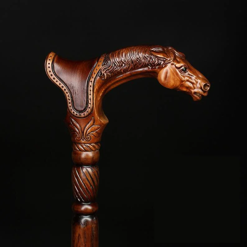 Designer Art Wooden Cane Walking Stick Horse with Saddle